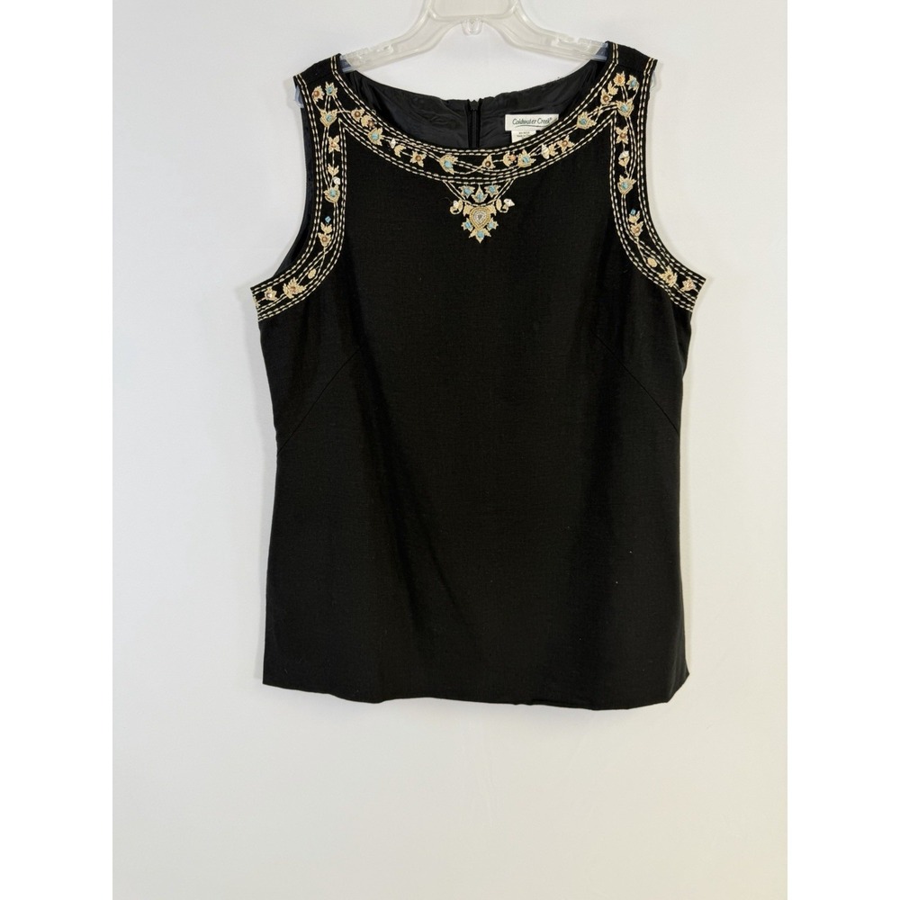 Black Cold Water Creek Linen Blend Tunic Embroidered Top Size 16 Resort Cruise